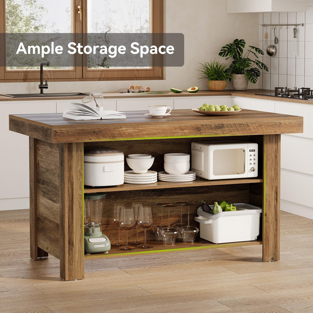 55 Inches Kitchen Island with Storage, 3-Tier Farmhouse Wooden Stationary Island Table with Large Worktop & Leg Room