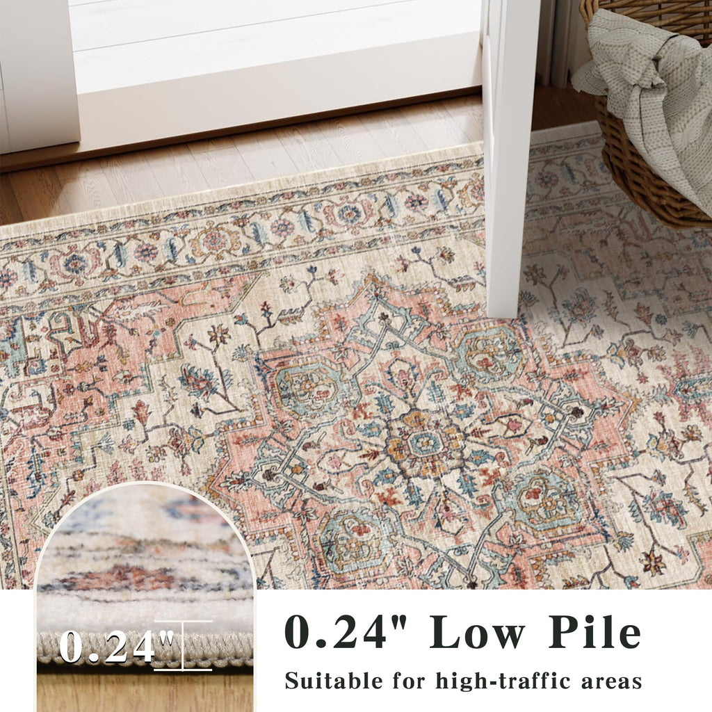 6ft Round Rug Low Pile Washable Vintage Circle Rug Indoor Carpet