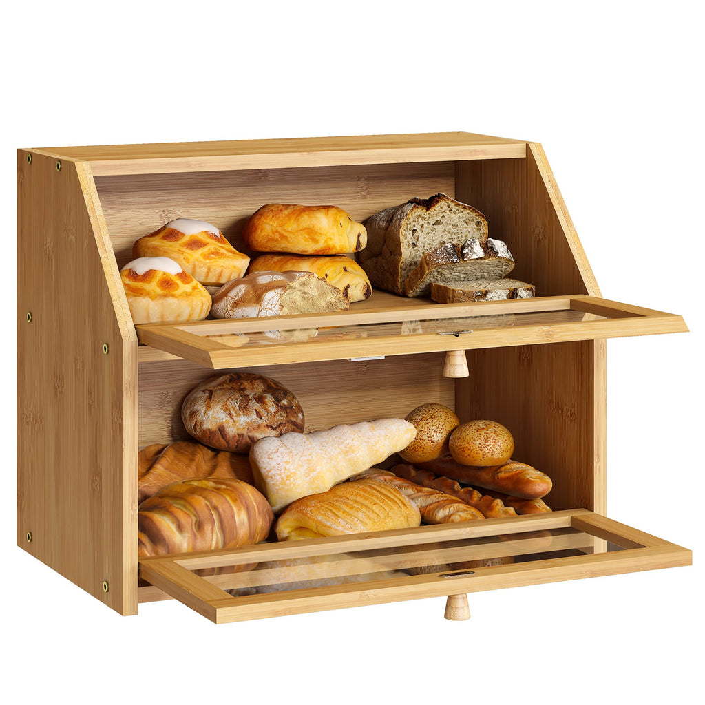Bread Box - Farmhouse Countertop Double Layer Bamboo Wooden Extra Large Capacity B Food Storage Container(Natural)