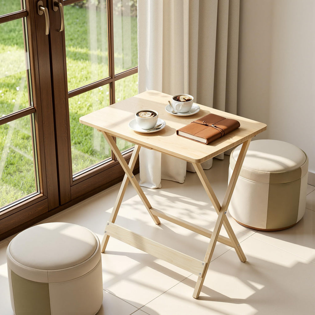Folding Table Set of 2, Modern Wood Portable Snack TV Trays, Easy to Clean & Assemble, Natural