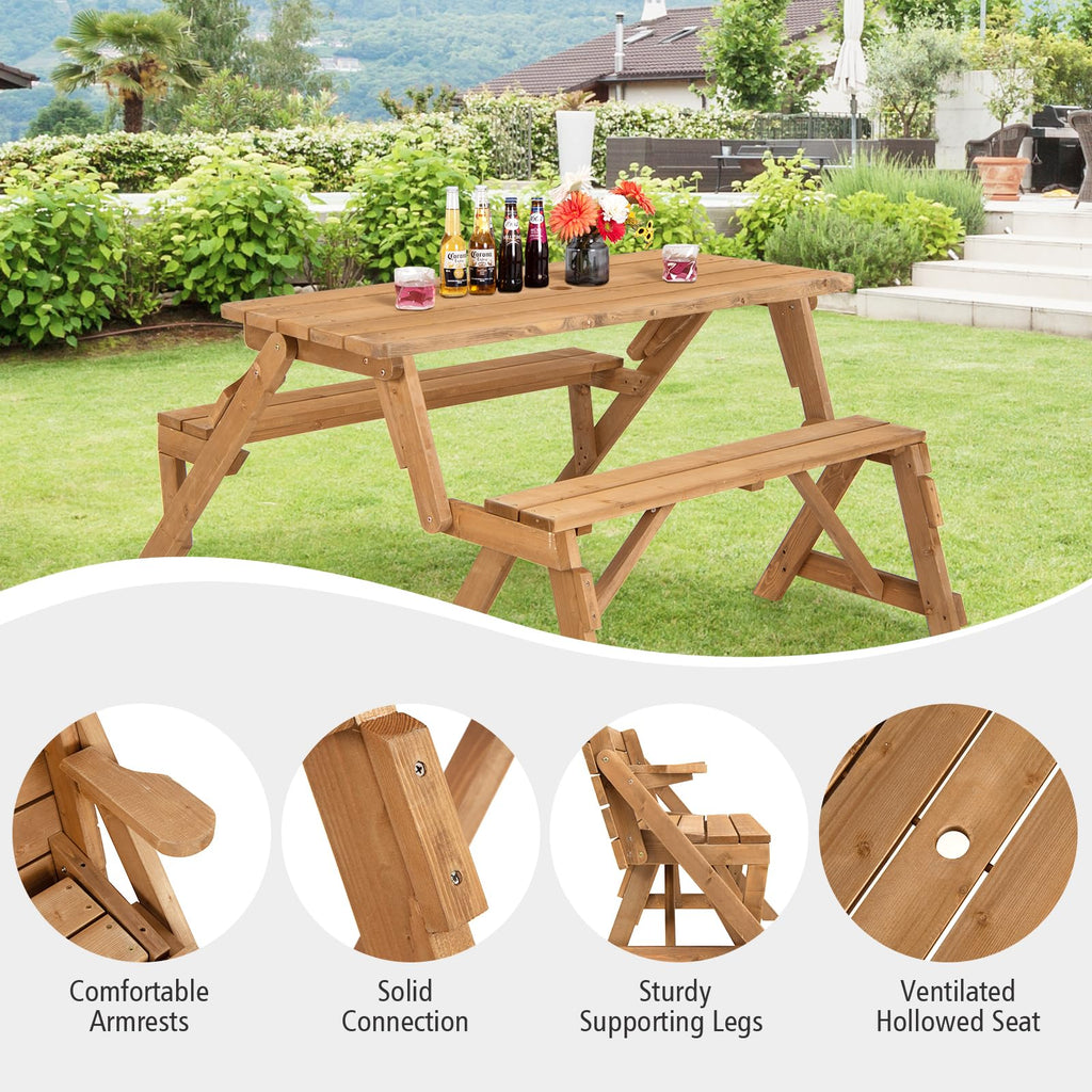 Picnic Table, 2 in 1 Convertible Picnic Bench Table Set, Transforming Interchangeable Wooden Picnic Table with