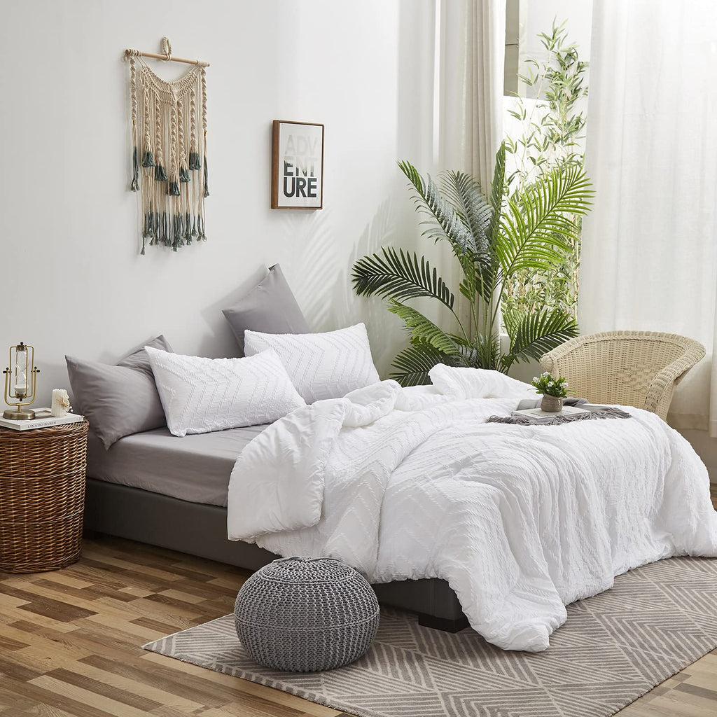 White Jacquard Comforter Set King Boho Bedding Comforter Farmhouse Shabby Tufted Blanket Quilts Rustic Plain White