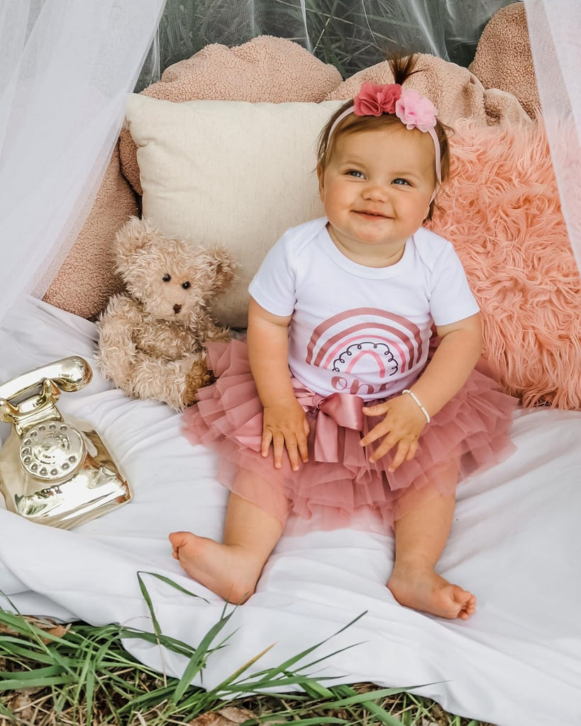 1st First Birthday Baby Girl Tutu Outfit - Onederful - Rainbow Rose Boho Chic - Long & Short Sleeve