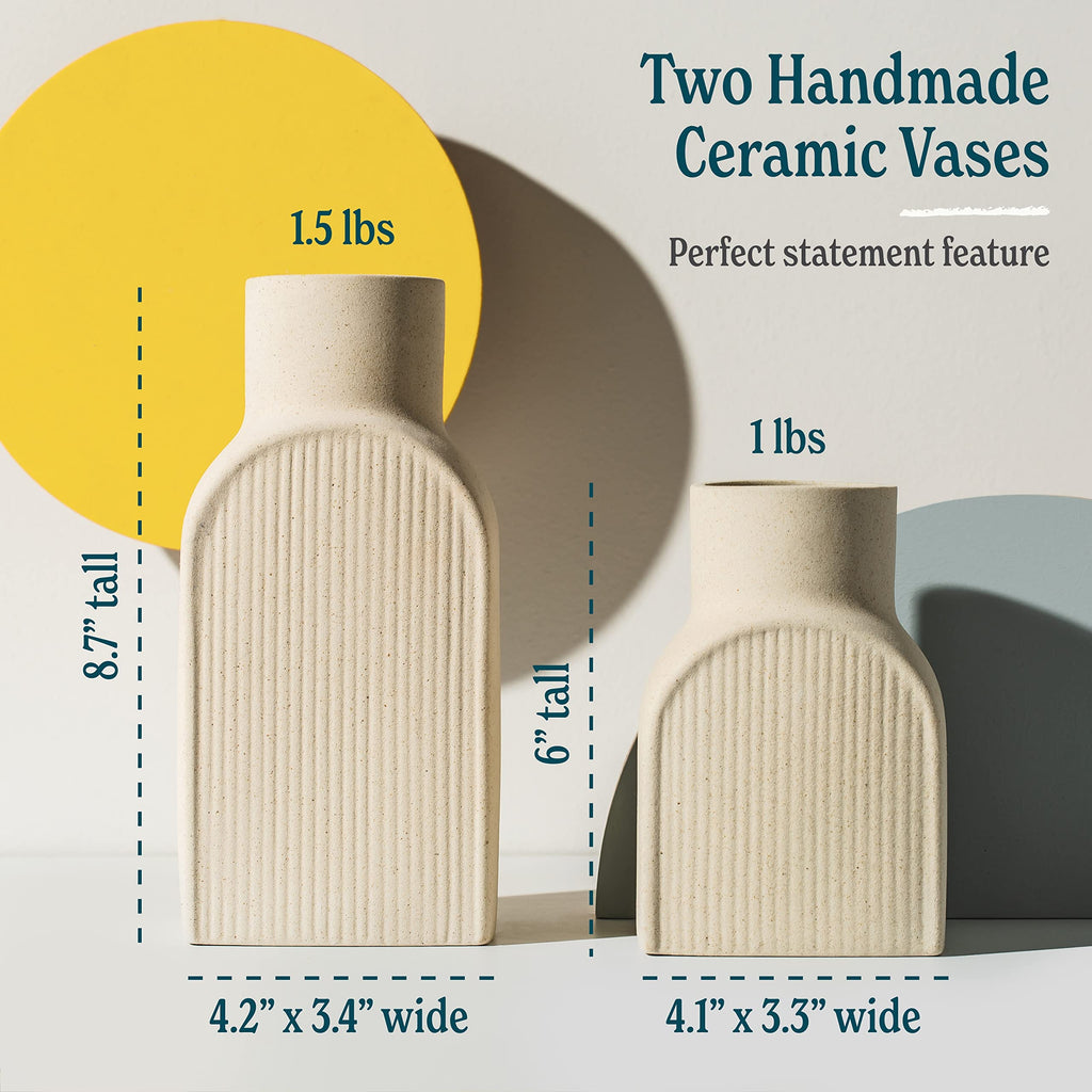 Ceramic Ribbed Vases - 2 Piece Set, Small and Large Vase, Bottle Flower Planter Set. Scandi Style Home Decor. Neutral