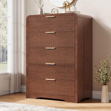 Fluted 5 Drawer Dresser, 43" Tall Dresser Chest of Drawers Curved Profile Design, Wood Mid Century Vertical Dresser