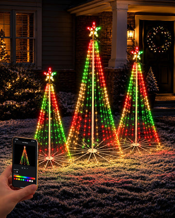 3-Piece Smart Outdoor Christmas Cone Tree Lights, 4FT 5FT 6FT