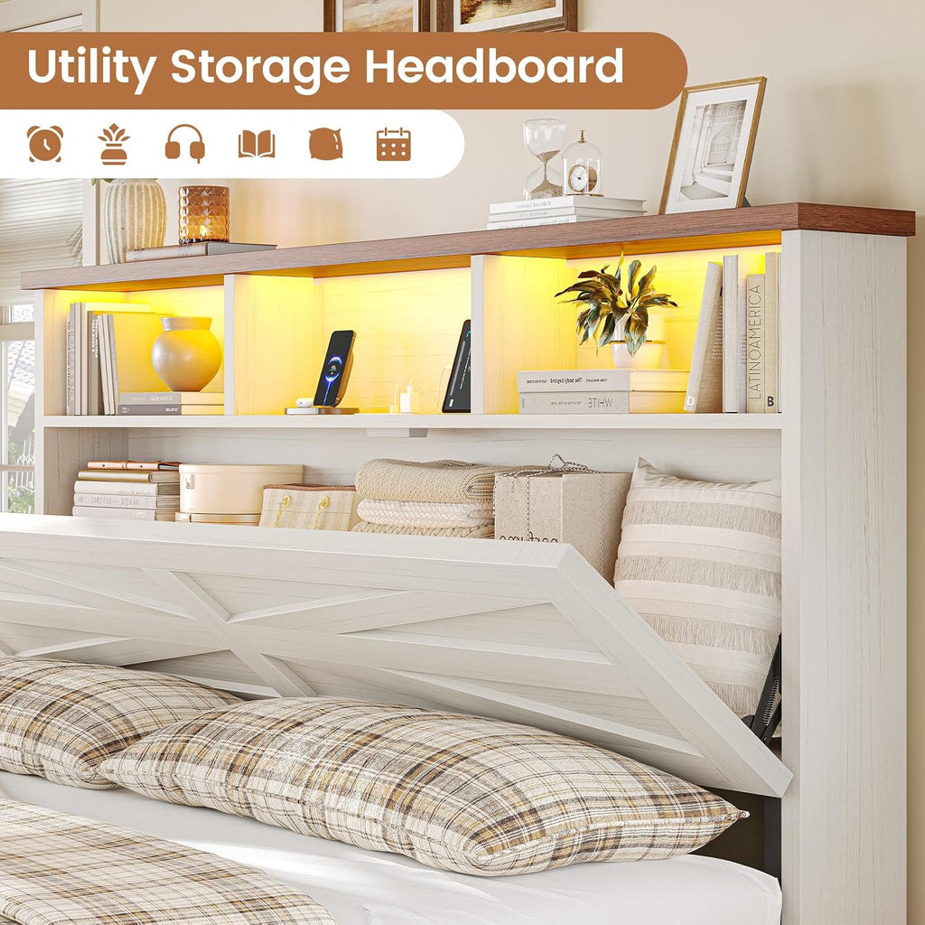 Queen Bed Frame with 6 Drawers, Farmhouse Bed Frame with Barn Door Headboard and Storage, Wood Platform Bed Frame