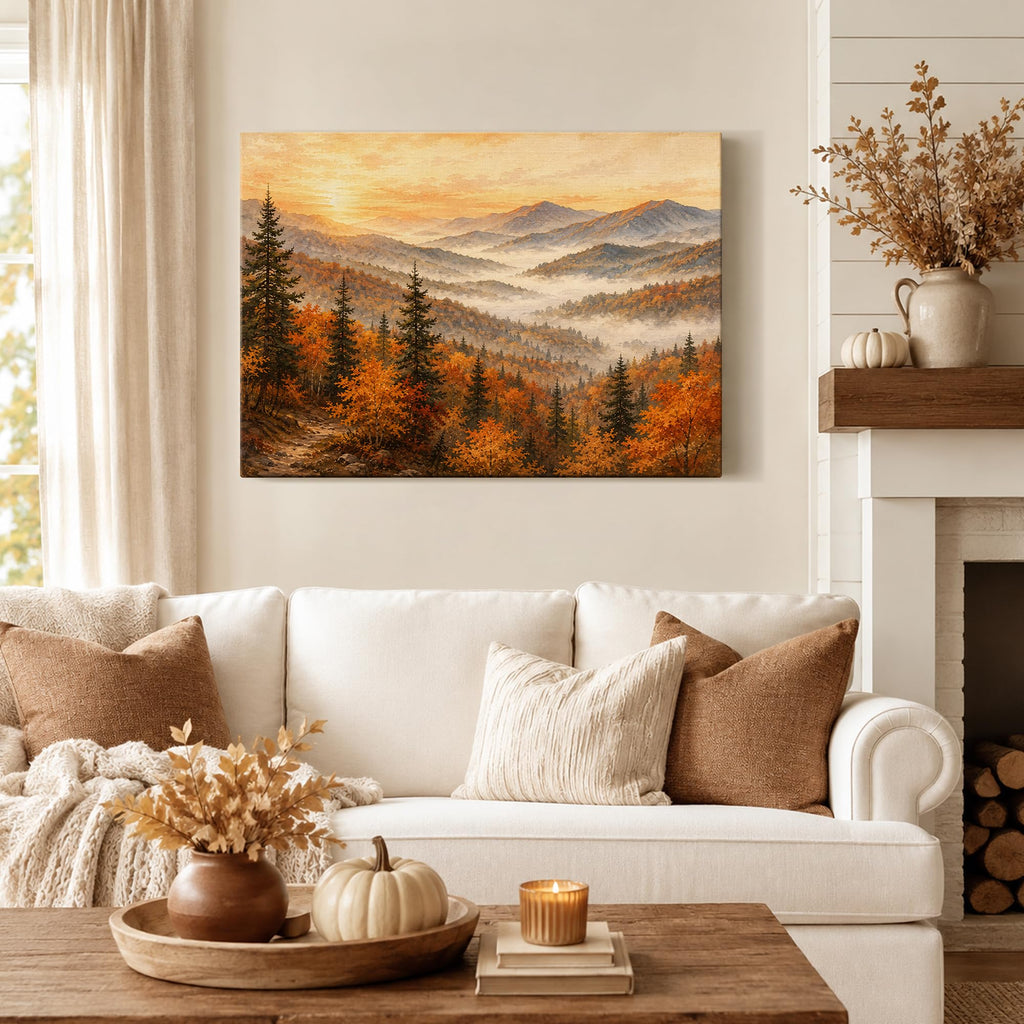 Autumn Mountain Canvas Wall Art, Fall Forest Landscape Canvas Prints