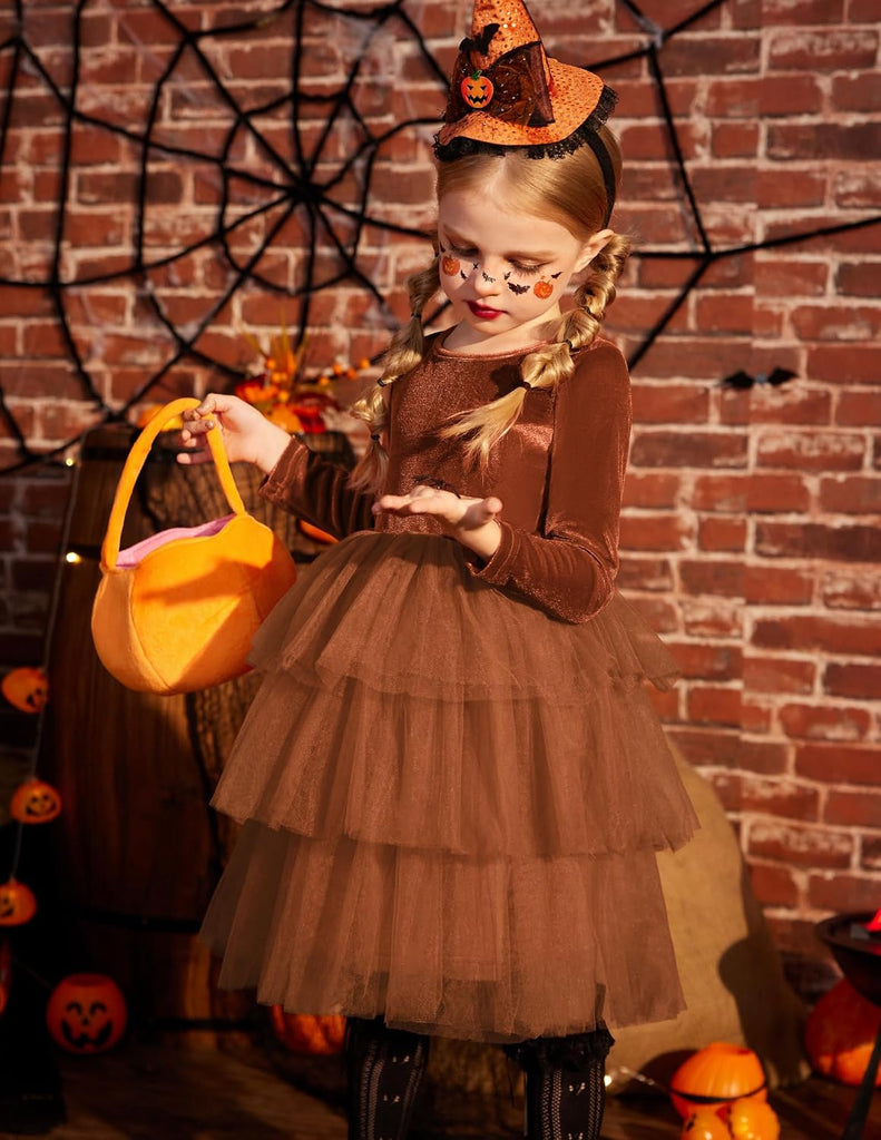 Toddler Velvet Dress Tiered Tulle Fall Party Long Sleeve Dresses