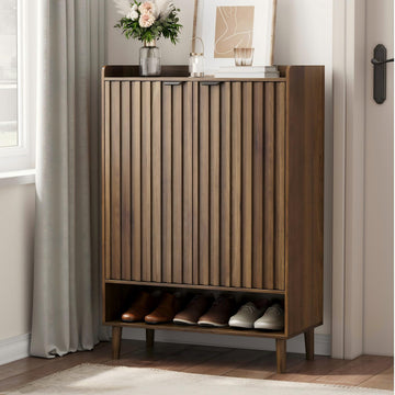 Large 6-Tier Shoe Storage Cabinet with Fluted 2 Doors, 44" Tall Freestanding Entryway Shoe Cabinet with Adjustable