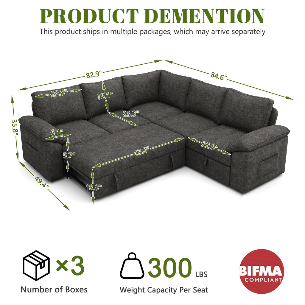 85'' Modular Sectional Sofa with Pull Out Bed, Sleeper Sofa, Dark Gray