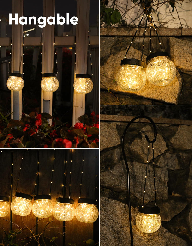 Lantern Solar Lights Outdoor Waterproof 2-Pack, Solar Powered Hanging Lights Cracked Glass Hanging Globes for