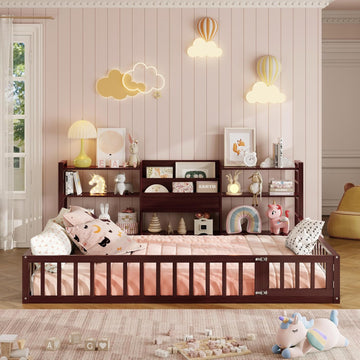 Montessori Floor Bed with Bookcase, Shelves and Fence