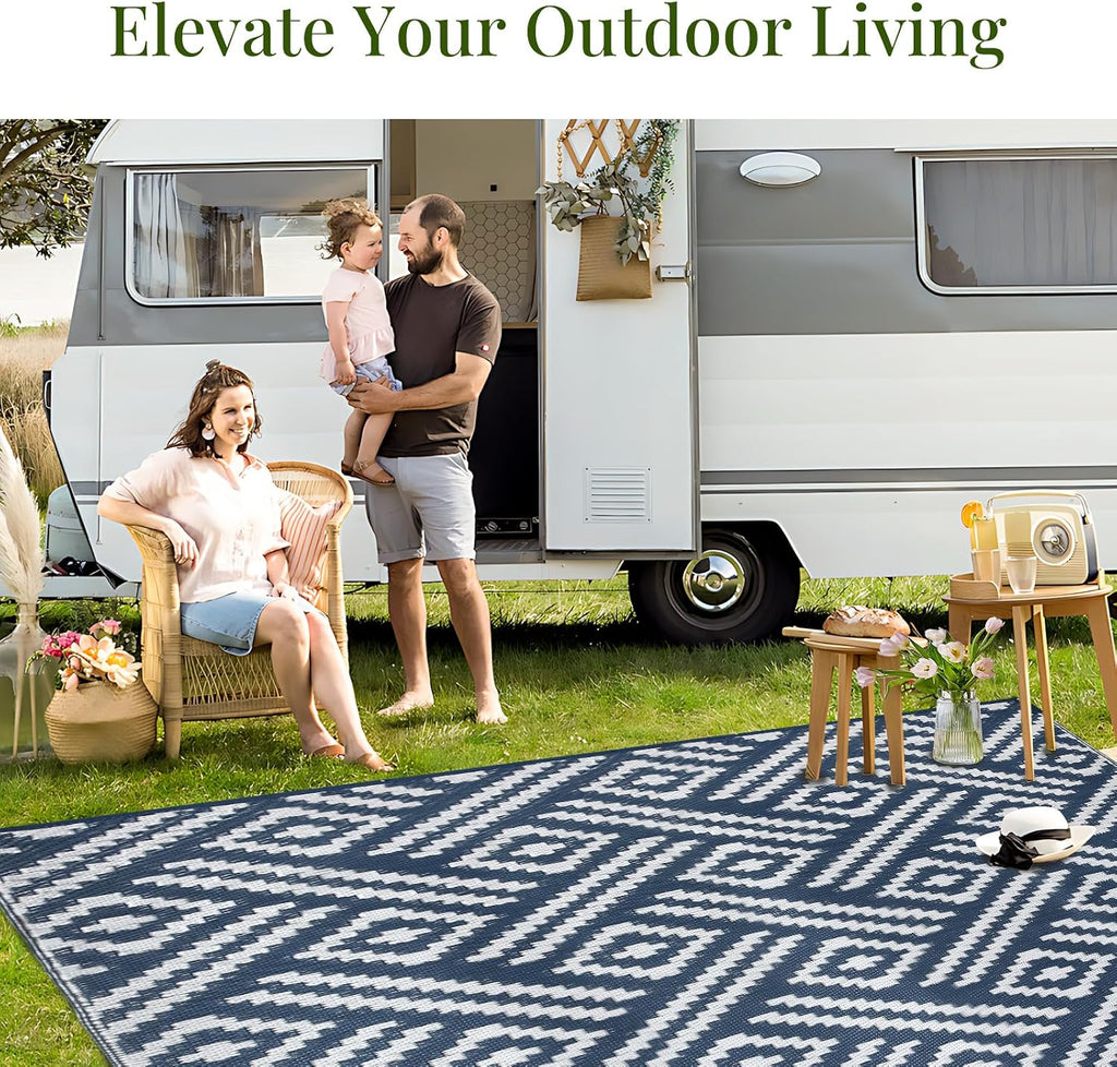 Outdoor Rug 9x12, Plastic Straw Rug, Navy & White