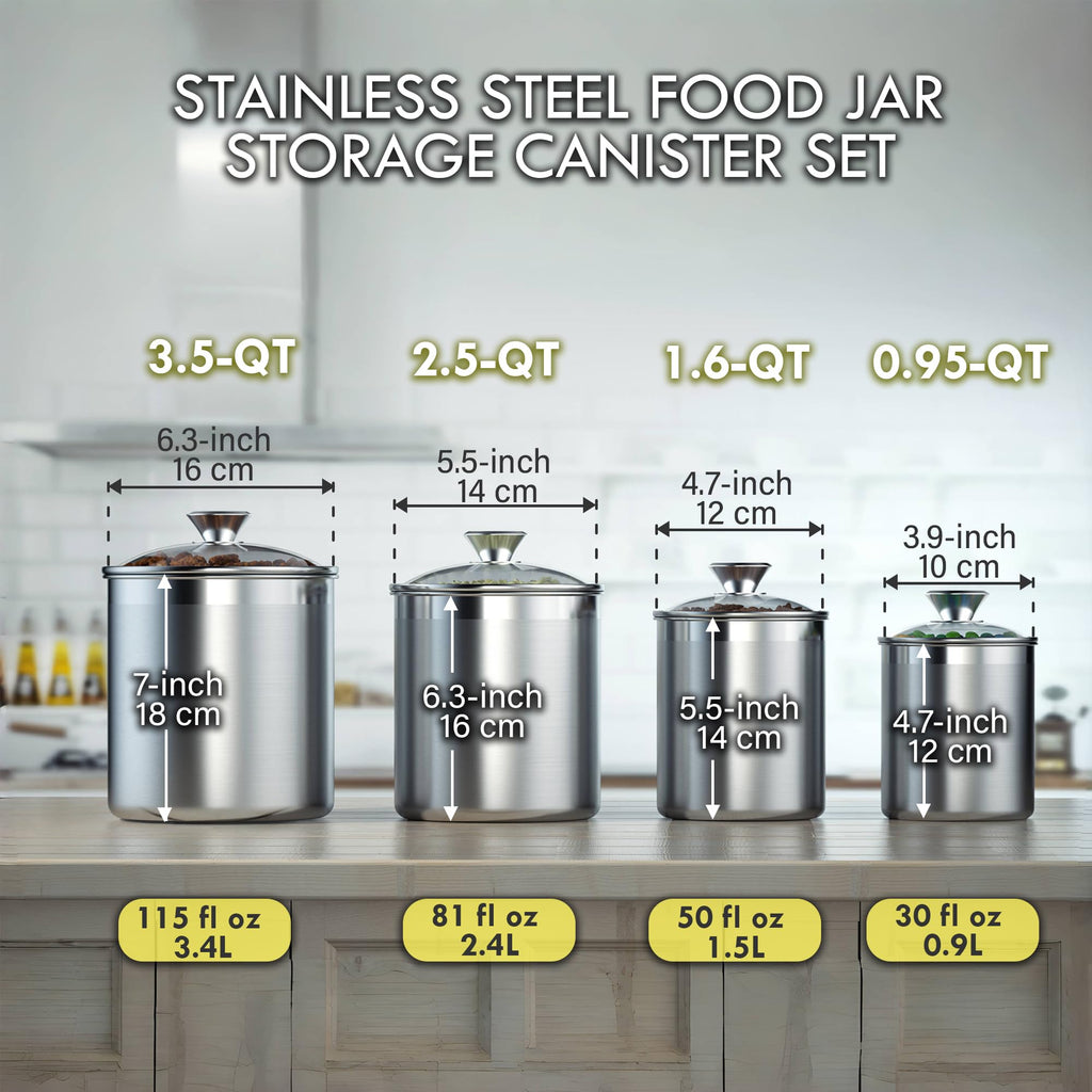 Classic Stainless Steel Food Jar Storage Canister Set Medium, Airtight Containers with Glass Lid for Tea Coffee Sugar