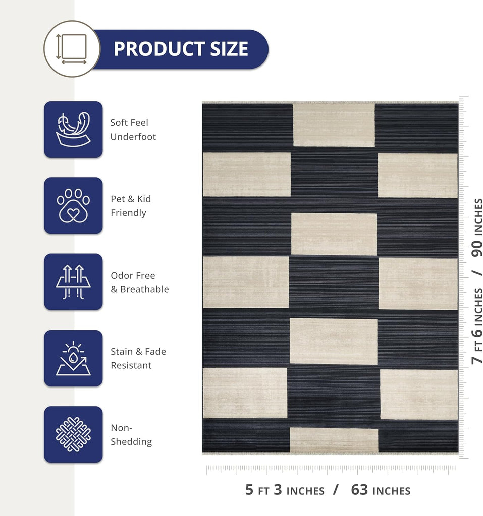 Austin Collection Navy Area Rug - - Block Checkered Pattern, Non-Shedding - Easy to Clean, Durable s, Dining