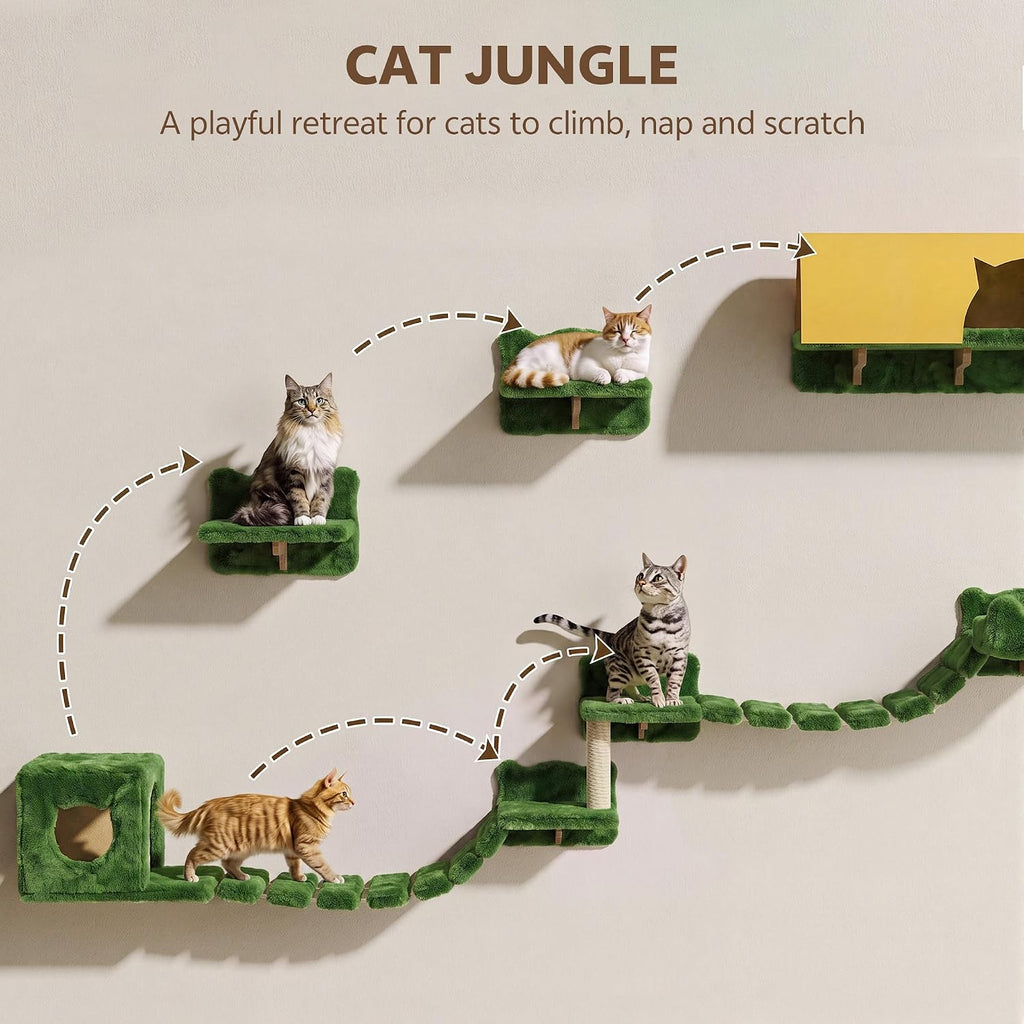 Cat Wall Furniture, 9 in 1 Cat Wall Shelves Set with Bridge, Green