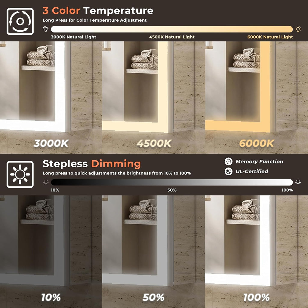 24" x 30" LED Medicine Cabinet, Lighted Medicine Cabinet, Surface & Recessed Mounting, Adjustable Color Temperature &