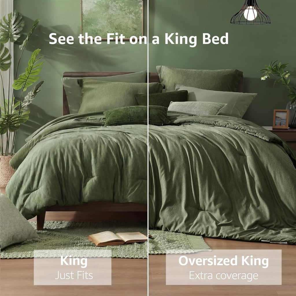 Monbix King Comforter Set, Olive Green King Bed Set Reversible, King Comforter Set 7 Pieces