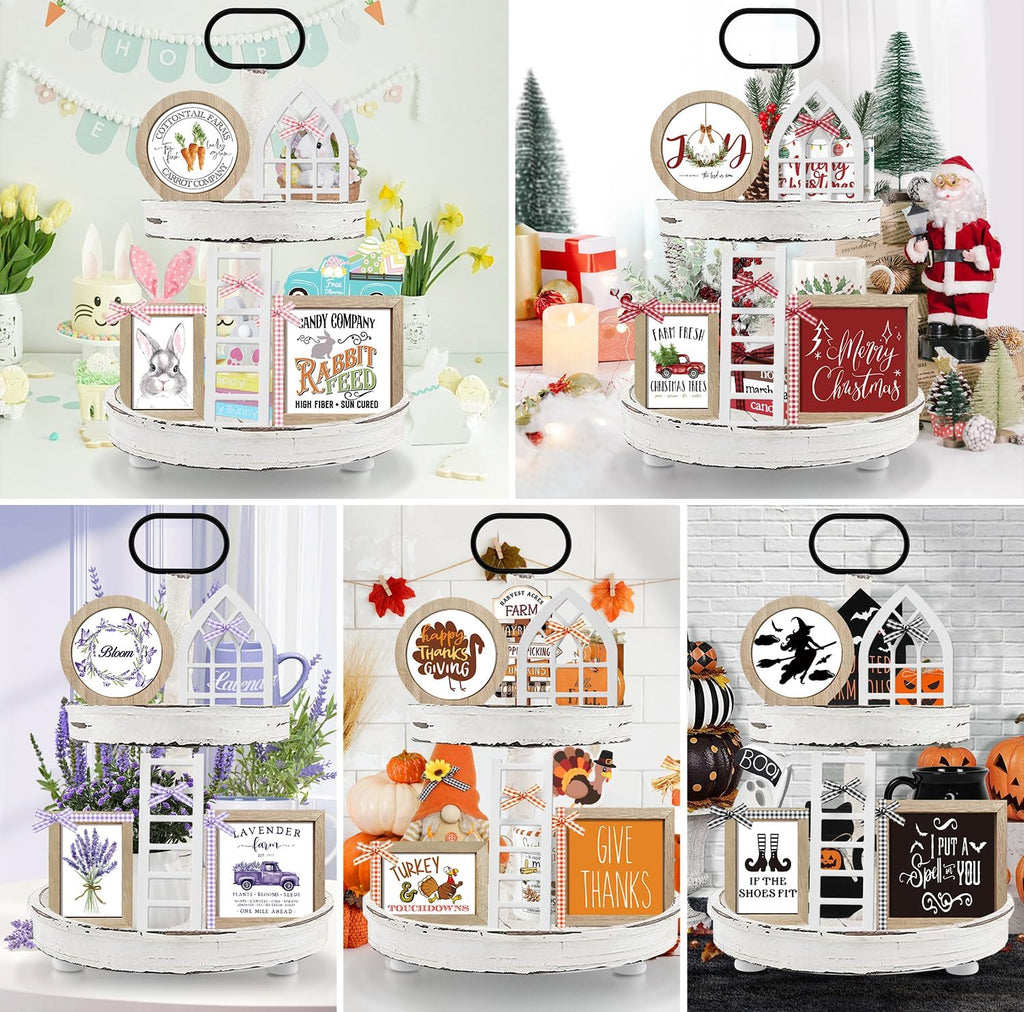 10themes Interchangeable Seasonal Rustic Farmhouse Fall Tiered Tray Decor