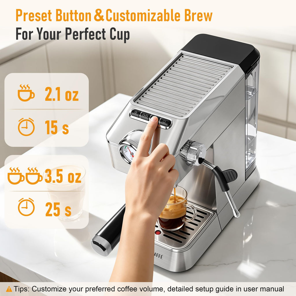 Compact Espresso Machine with Milk Frother and Pressure Gauge, 20 Bar Pump
