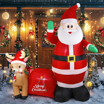 7Ft Christmas Inflatable Santa Clau Built-in LED Lights, Outdoor Decoration Santa with Reindeer and Christmas Ball