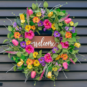 Spring Wreaths for Front Door Outside - 24 Inch Artificial Tulip & Wildflower Summer Wreath with Green Eucalyptus
