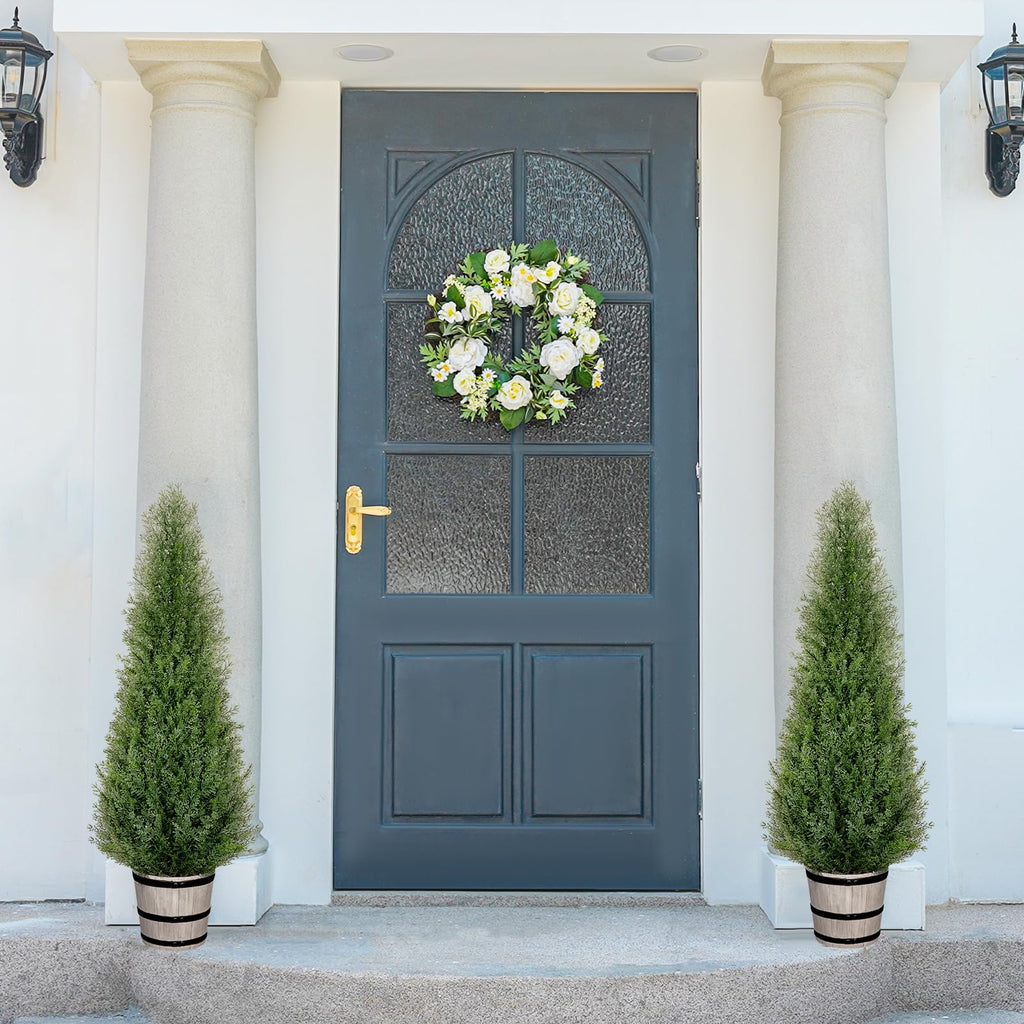 3FT Artificial Cedar Topiary Trees with Rustic Barrel Planter, Outdoor Indoor Realistic Faux Pine Shrubs Plants, Fake