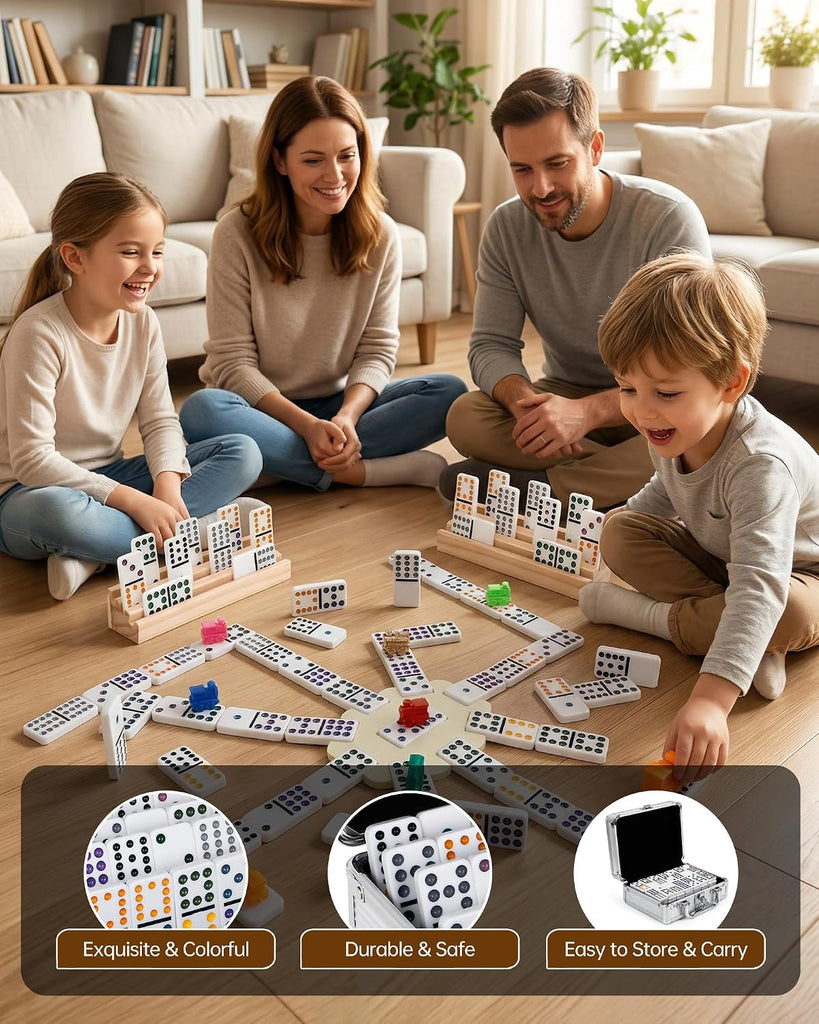 Mexican Train Dominoes Set Double 12-91 Colored Dot Tiles with 4 Wooden Racks, Heavy-Duty Aluminum Case, 9 Trains