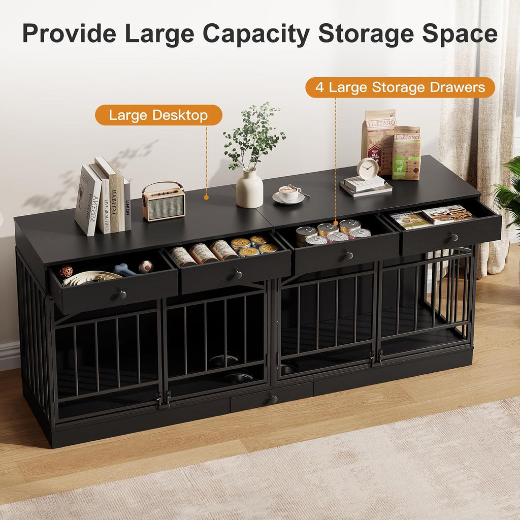 Dog Crate Furniture for 2 Dogs with 4 Drawers, Black