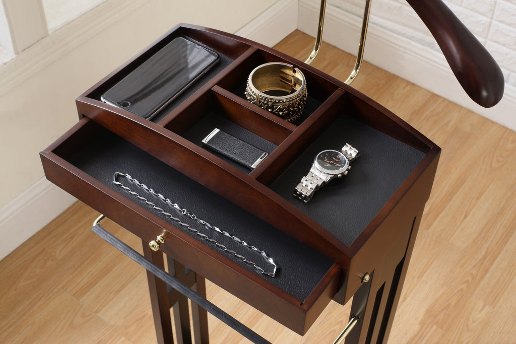 Milan Valet Stand with Drawer, Top Tray, Contour Hanger, Trouser Bar, Tie & Belt Hooks and Shoe Rack
