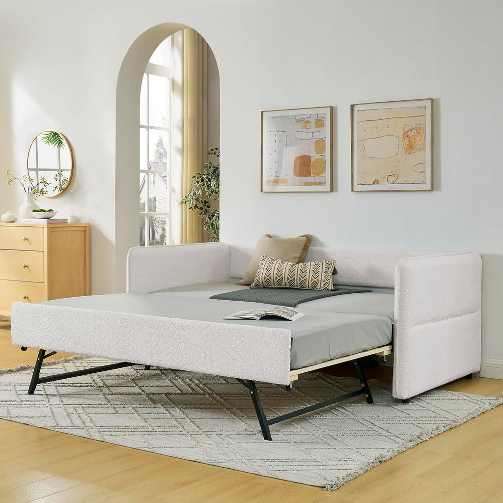 Twin Size Upholstery Tufted Daybed with Erectable Trundle, Twin to King Design Modern Extendable Boucle Sofa Bed