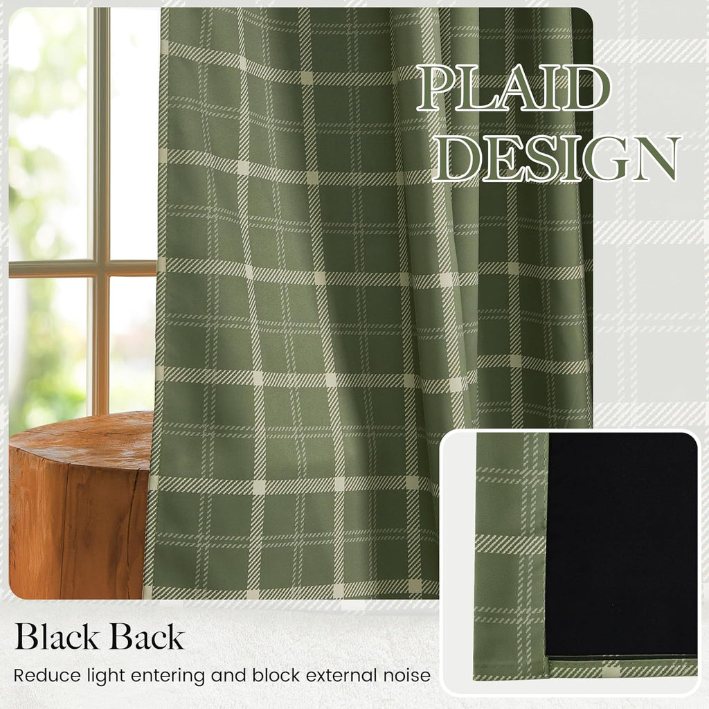 Olive Green Farmhouse Gingham Tiers Kitchen 100% Blackout Curtains 36 Inches Long, Buffalo Plaid Check Half Window