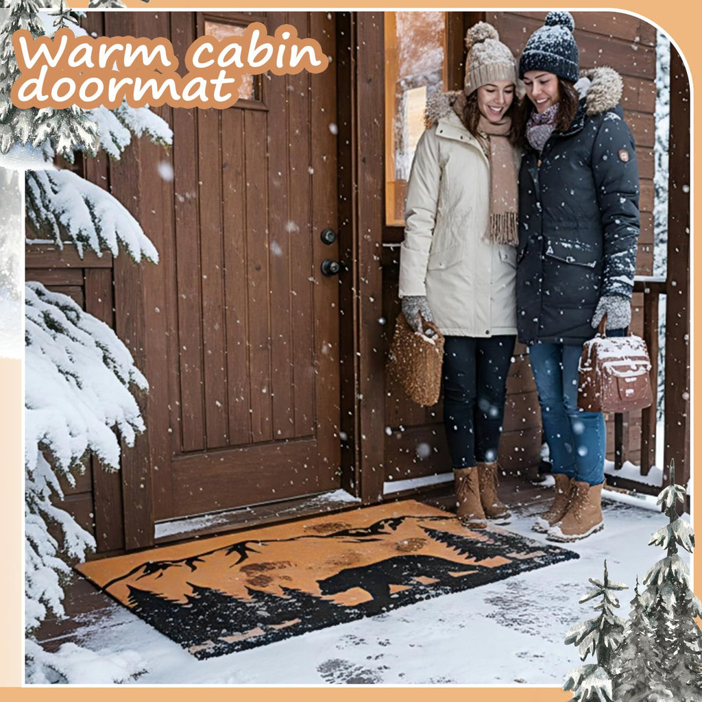2x3 ft Rustic Black Bear Coir Door Mat, Heavy Duty Rubber Backing