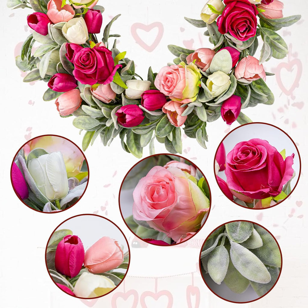 20 Inches Farmhouse Valentines Wreath Modern Valentine Flower Wreath Rocco Valentines Day Door Wreaths with Red Pink
