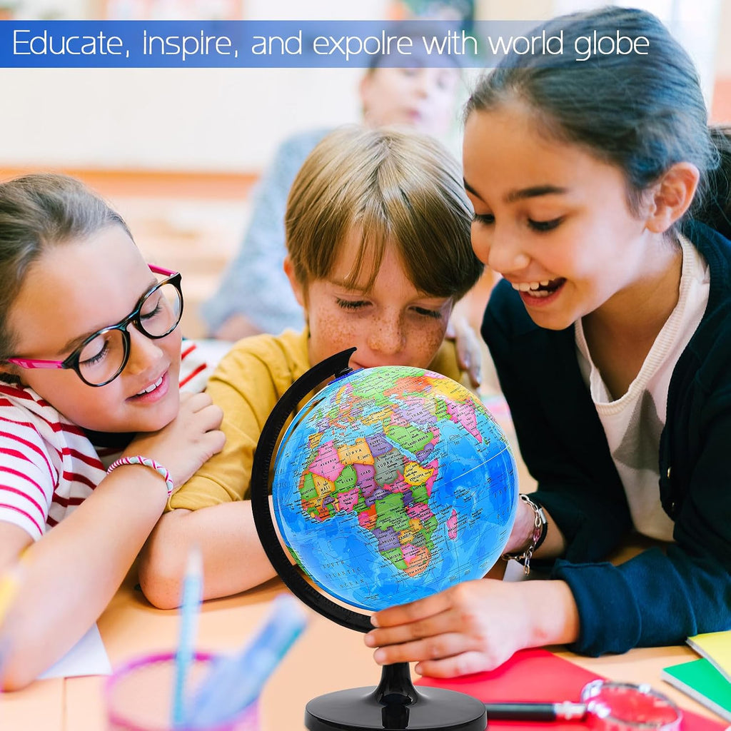 World Globe for Kids Learning, 8 inch Interactive Spinning Earth Globe for Children with Stand, Self-Assembled World