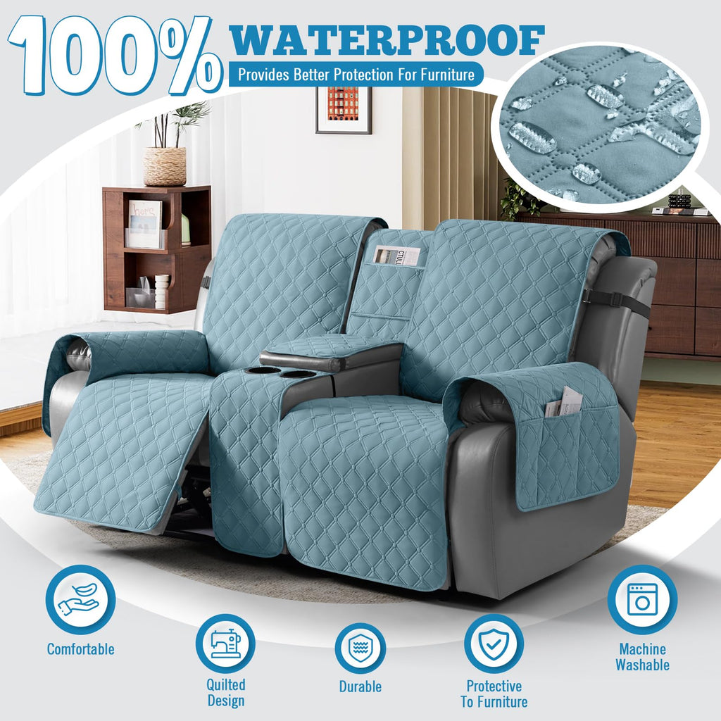 100% Waterproof Loveseat Recliner Covers with Console, Sky Blue