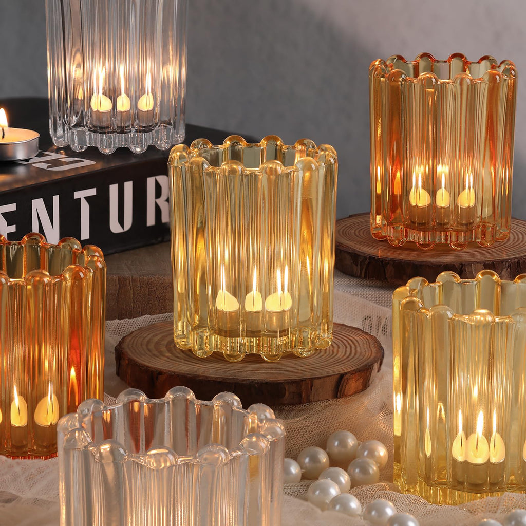 12PCS Votive Candle Holder, Orange Ribbed Votive Tealight Candle Holders