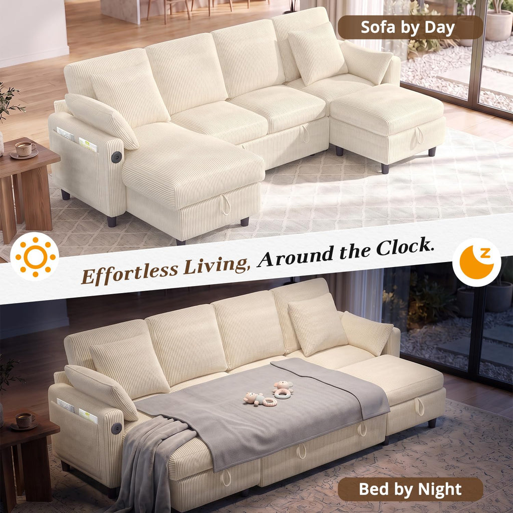 5-Seat Sleeper Sofa Bed with Reversible Chaise Lounge Sectional, Corduroy U-Shaped Convertible Couch Set with USB