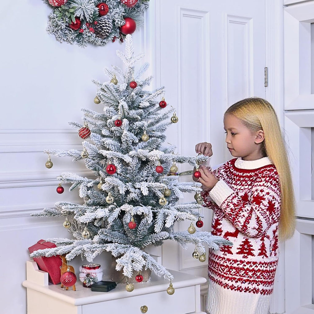 Prelit Flocked Christmas Tree, Artificial Small Christmas Tree with Led Lights, Frosted LED Xmas Tree with Snow