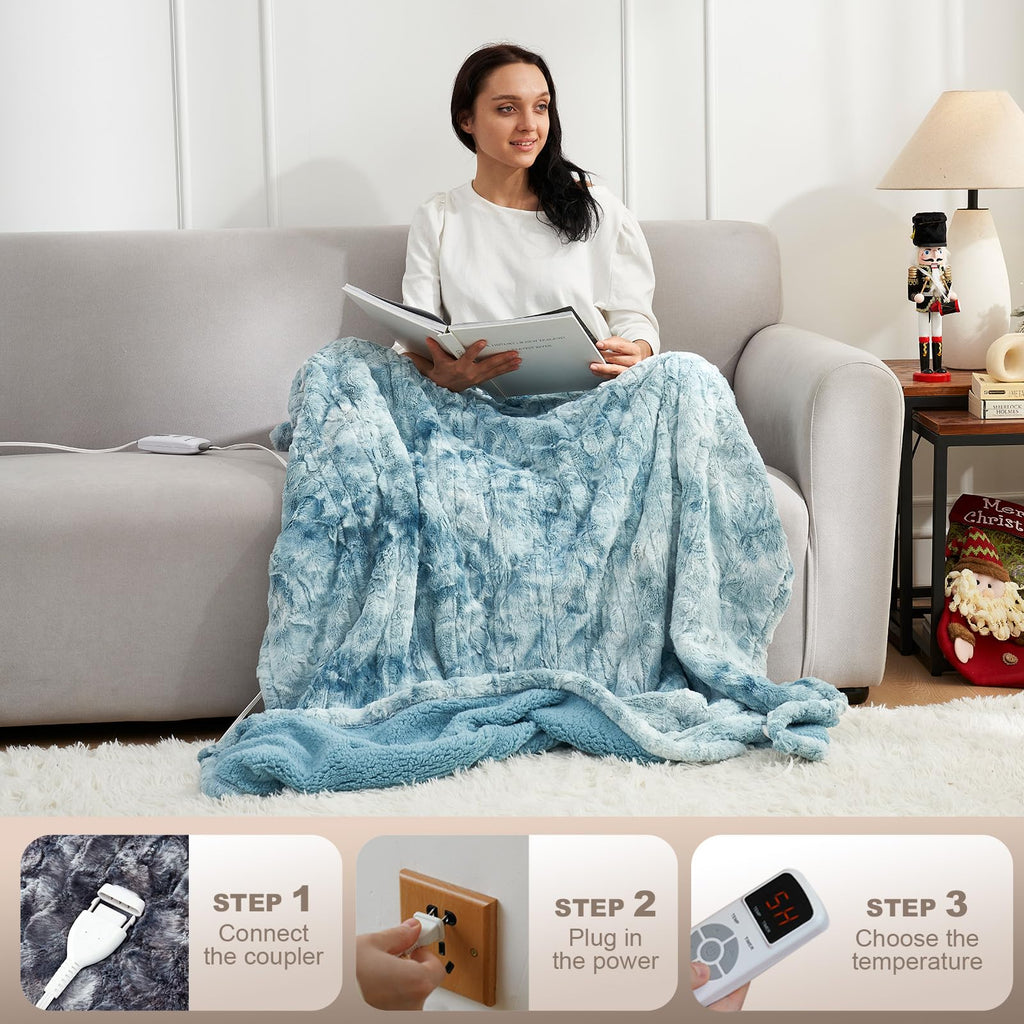 Heated Blanket Throw, Soft Electric Blanket 50x60in, Light Blue