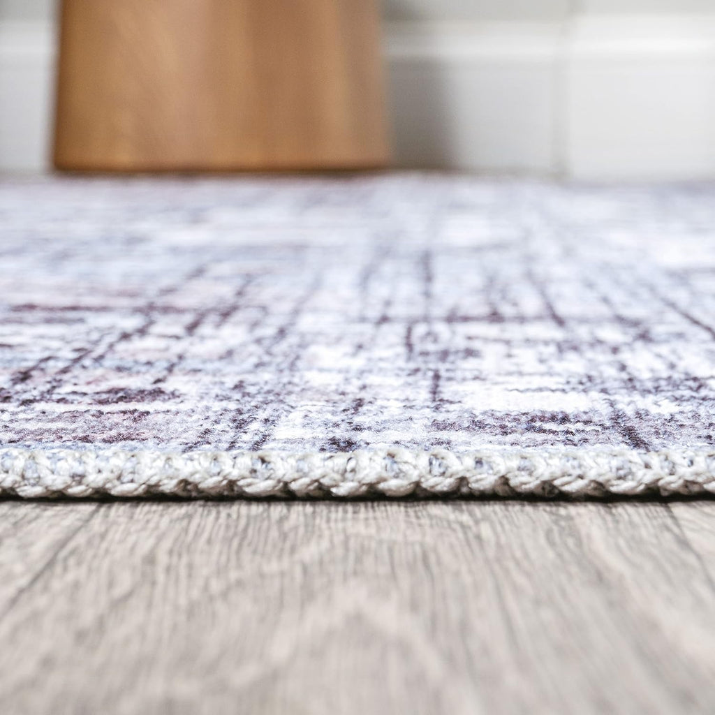 Machine Washable Gray/Purple Round Area Rug 8 ft, Didim Boho Medallion, Easy-Cleaning, High Traffic, Pet-Friendly
