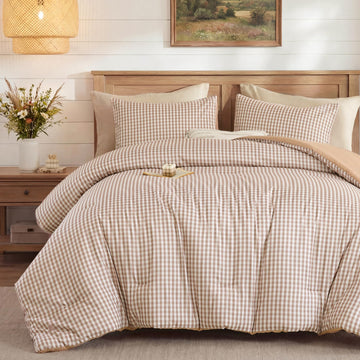Gingham Comforter Set, 3 Pieces Tan Plaid Comforter Set
