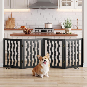Dog Gate, Wavy Freestanding Dog Gates for Doorways 4 Panels (Black)