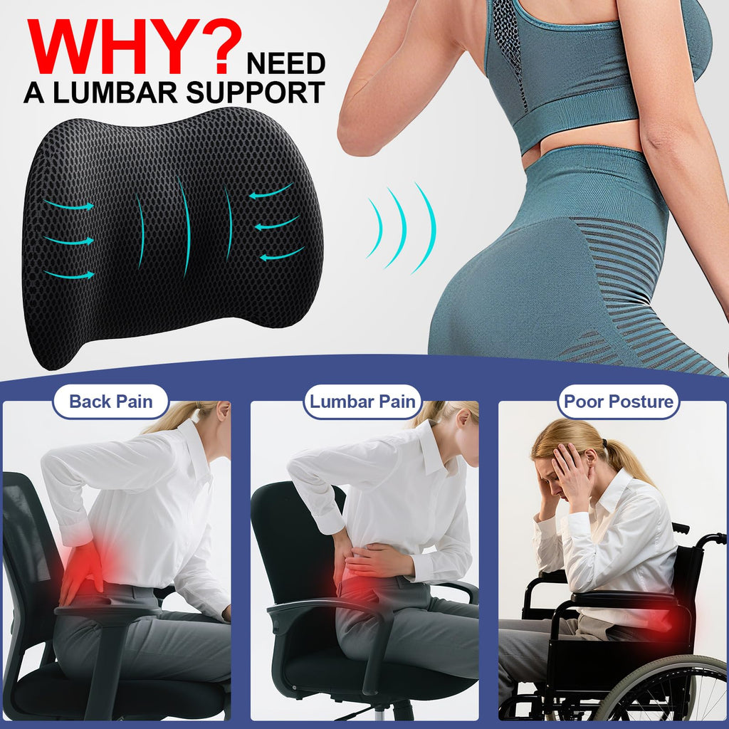 Lumbar Support Pillow for Car, Memory Foam Car Seat Back Support Pillow for Driving, Back Cushion with Strap for Pain