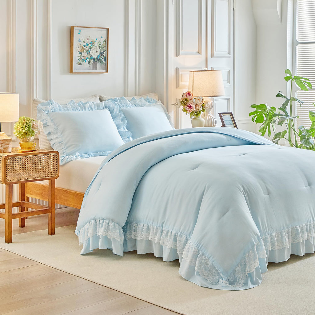 King Size Comforter Set Blue, 3pcs Lace Ruffled Bedding Comforter Set, Microfiber Vintage Boho Chic Bedding Set for