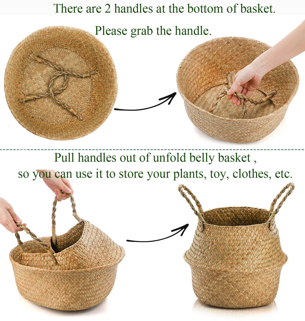 2 Pack Woven Seagrass Plant Basket with Handles, Ideal Wicker Baskets Storage Plant Pot Baskets for Laundry, Picnic