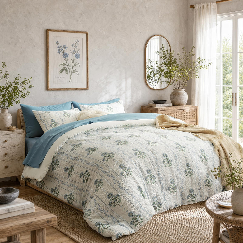 Comforter Set 3 Pieces Bed Set Seersucker Bed in a Bag Dirty Blue