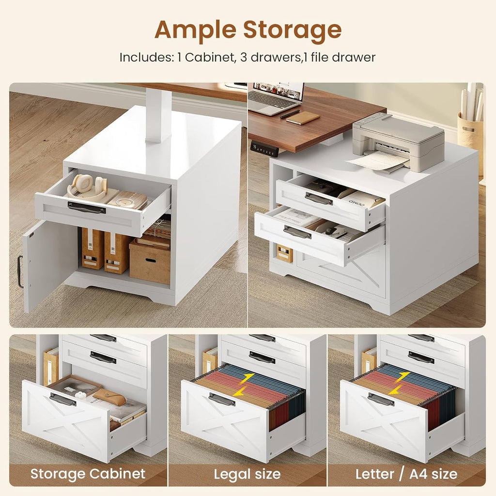 Farmhouse L Shaped Standing Desk, 70.1" x 73.2" Height Adjustable Home Office Executive Desk with Drawers, Power