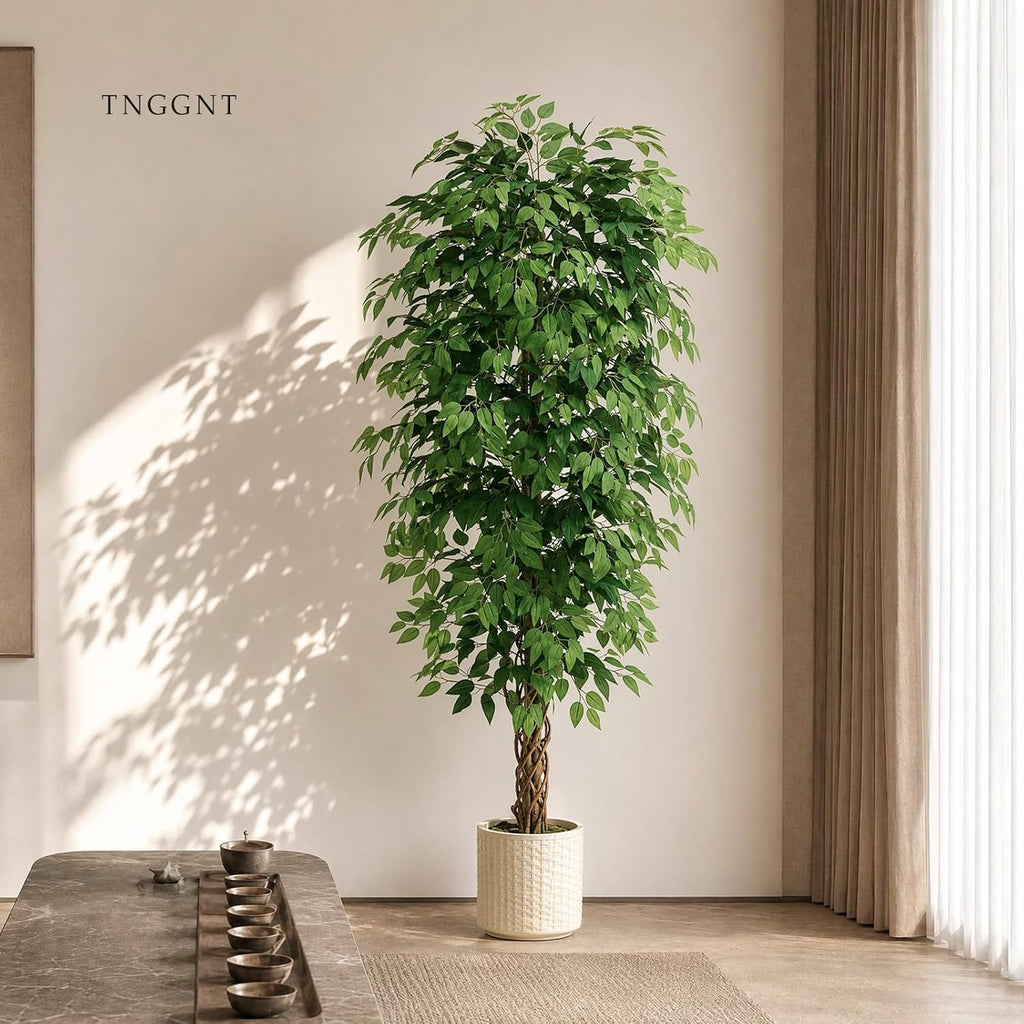 Ficus Tree:6FT Tall Faux Silk Floor Plant (White Planter)